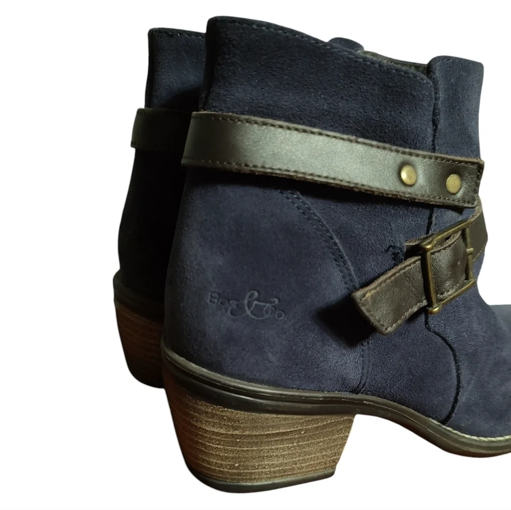 Women's Navy Suede Leather Ankle Boots with Brown Strap